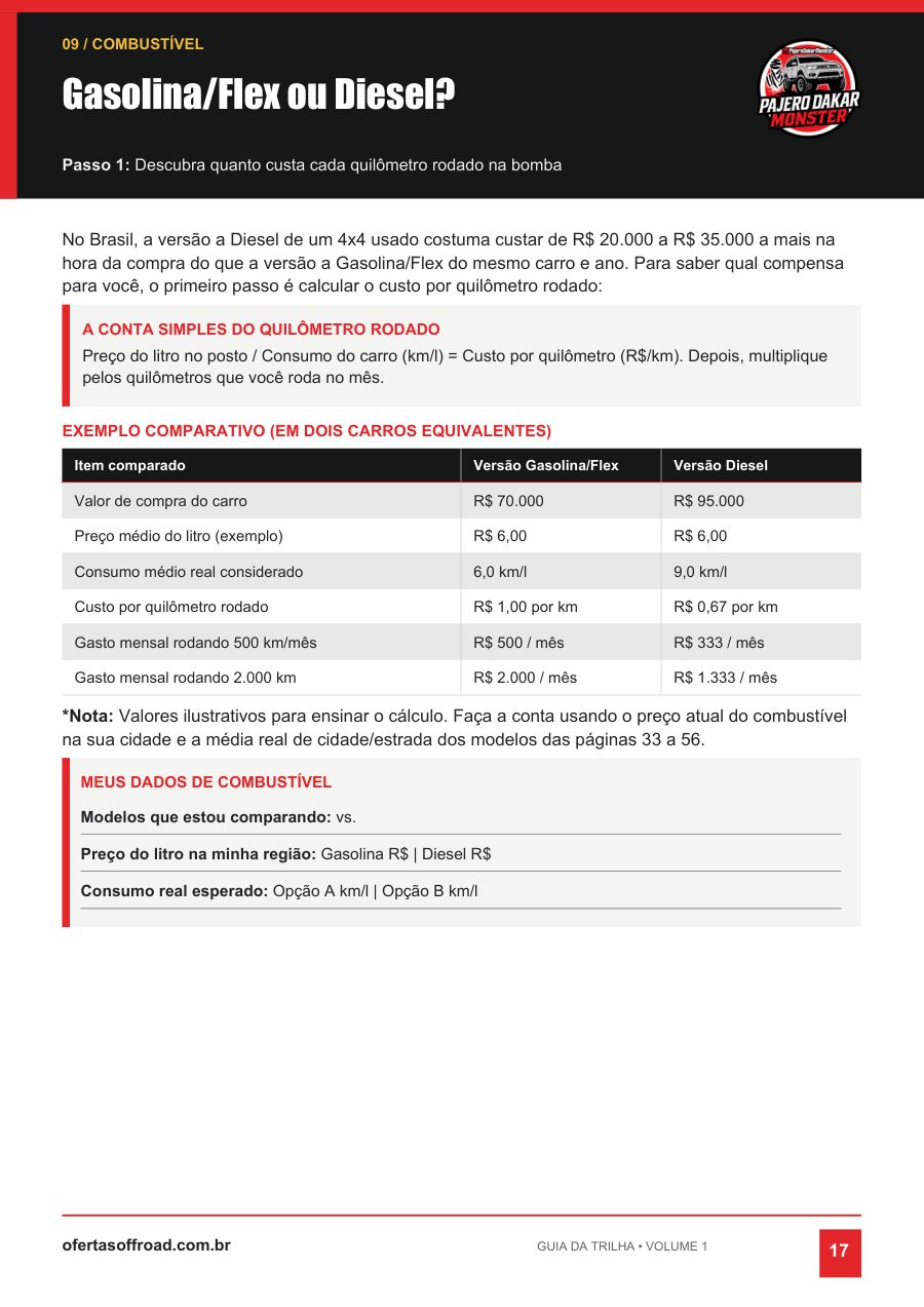 Página 17 do Guia da Trilha: gasolina ou diesel, a conta do quilômetro rodado na bomba, com tabela comparativa